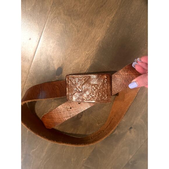 Vintage BRAVE Leather Belt – Distressed Embossed Buckle Western Boho Low-Slung
